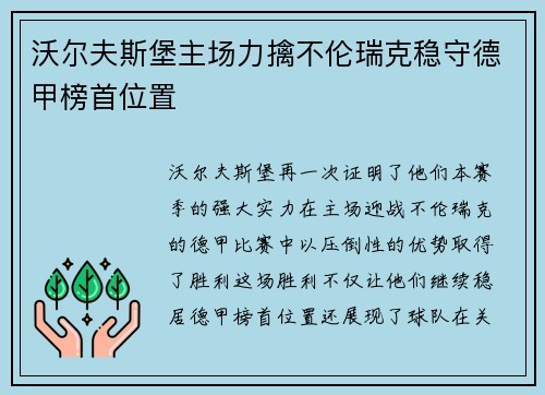 沃尔夫斯堡主场力擒不伦瑞克稳守德甲榜首位置