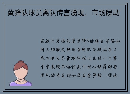 黄蜂队球员离队传言湧现，市场躁动